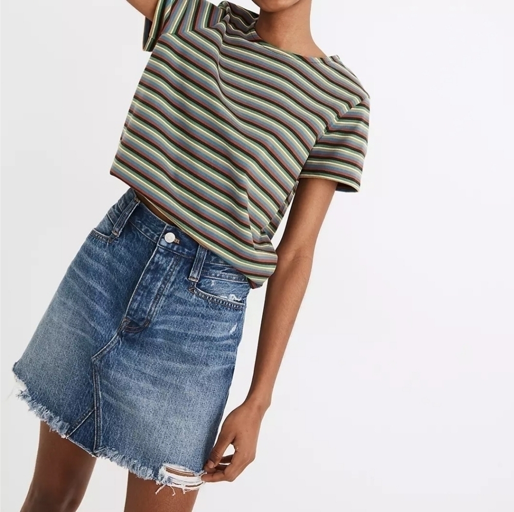 Madewell rigid denim aline mini skirt destructed edition coastal cowgirl